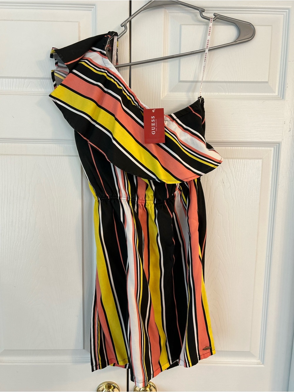 NWT GUESS Women’s Yellow Striped Sammie One Shoulder Ruffle Sundress Size M